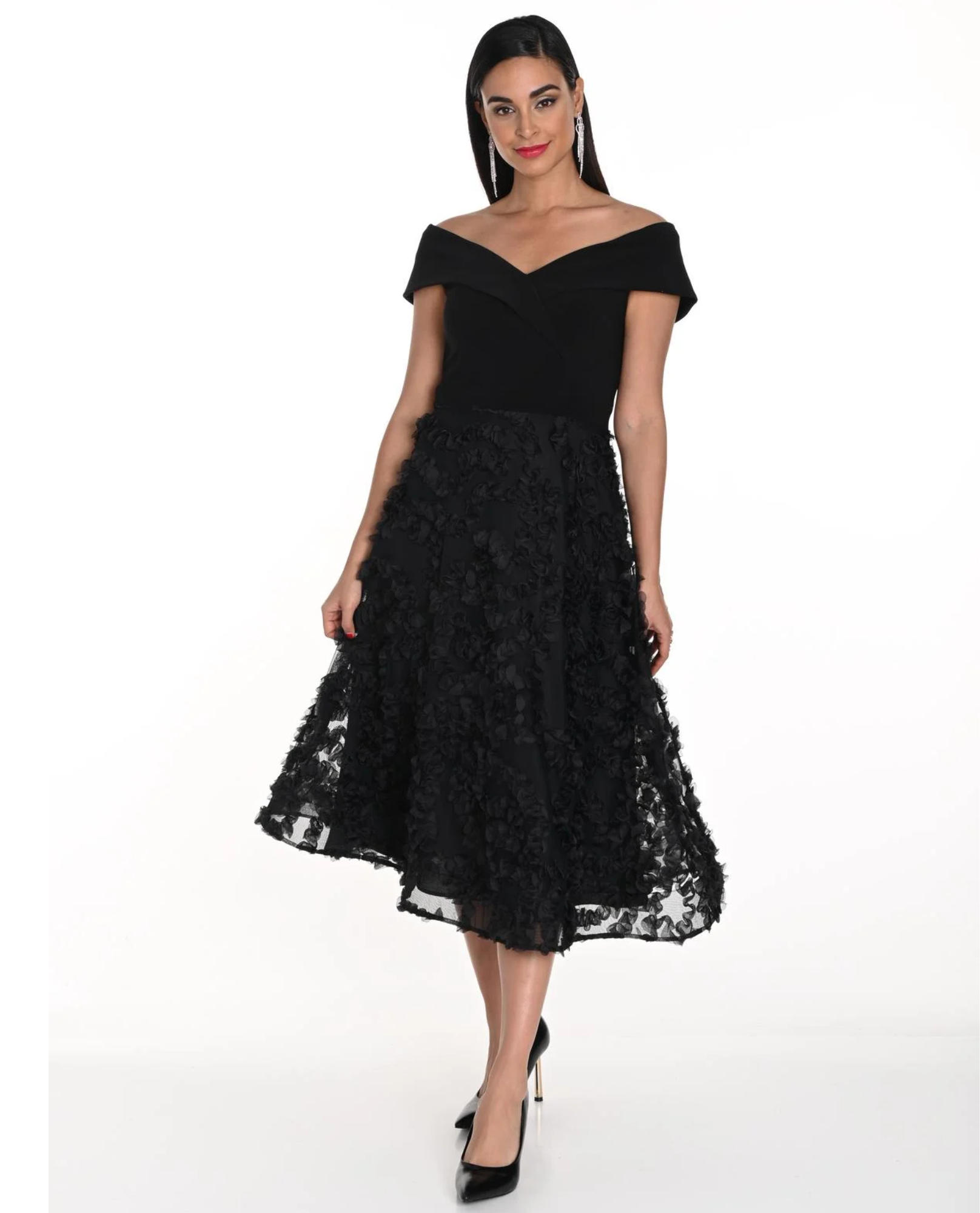 FRANK LYMAN 249420U SCHULTERFREIES STRICK- UND CHIFFONKLEID